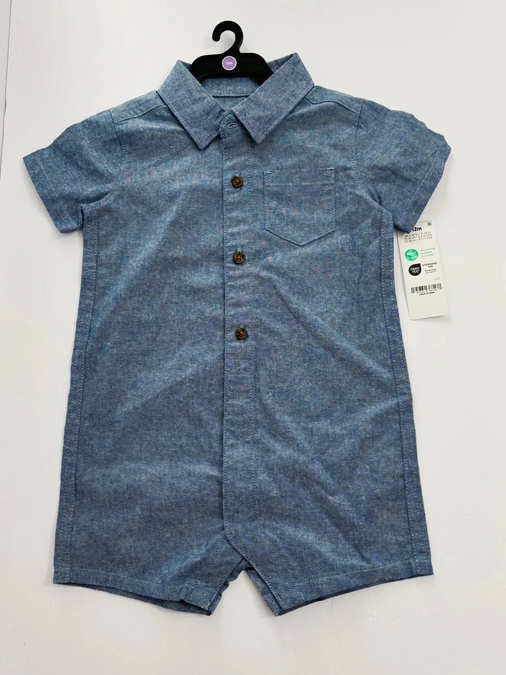 NWT Carters Child of Mine Baby Boy Chambray Romper 12M Blue Button One Piece New